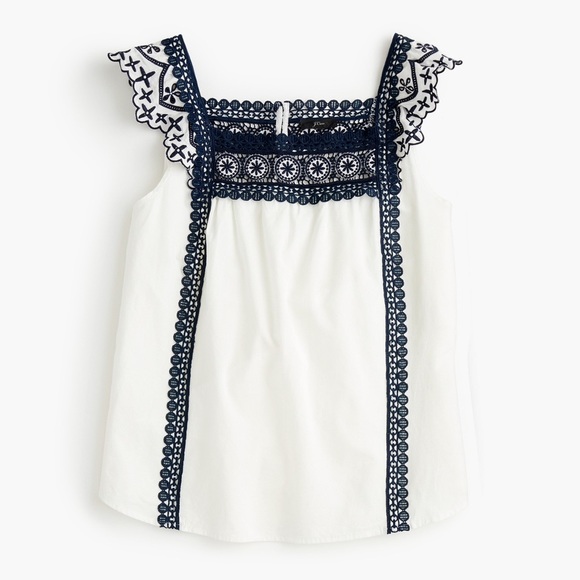 J. CREW Point Sur Eyelet Navy Crochet Trim Top sz XS - Picture 1 of 12